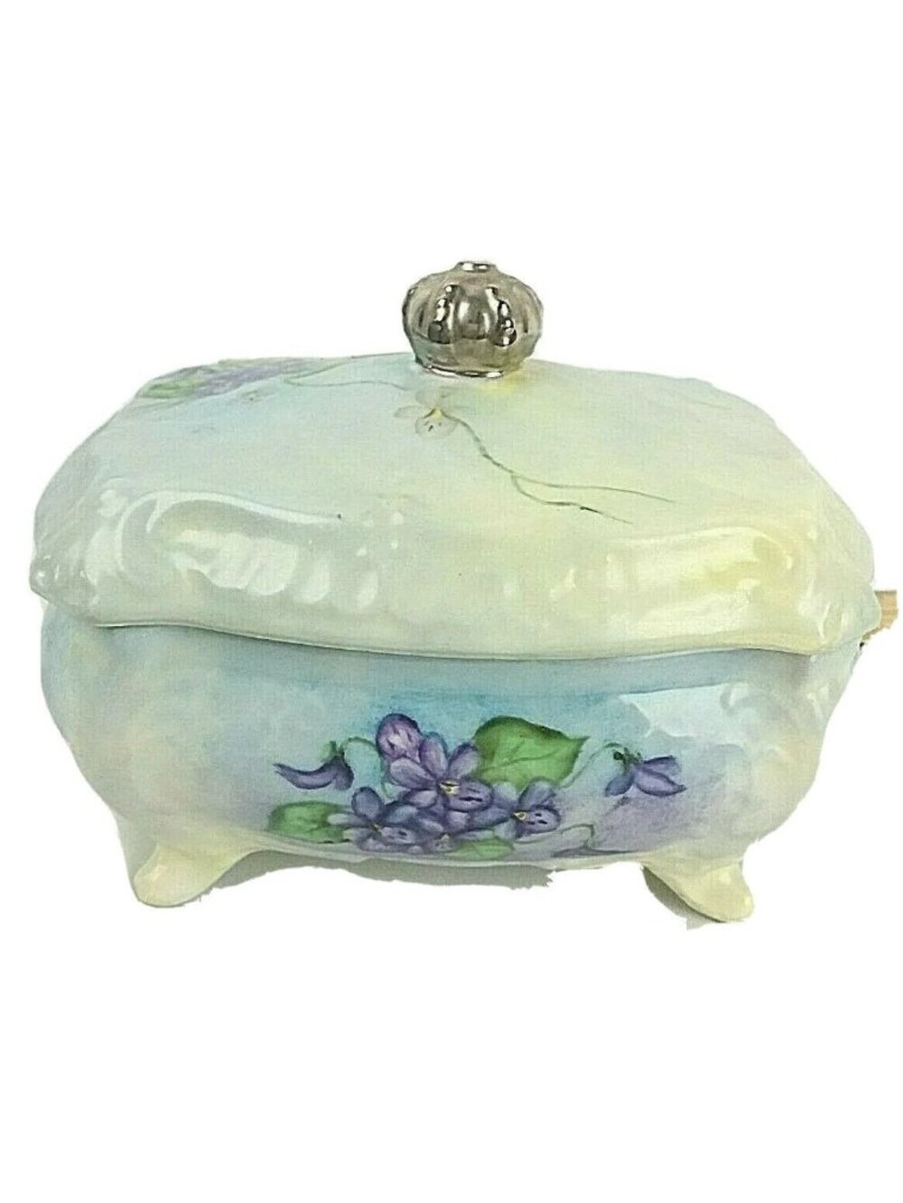 Vintage Footed Trinket Box Purple 1960s Finial Lid Porcelain Flowers Vanity